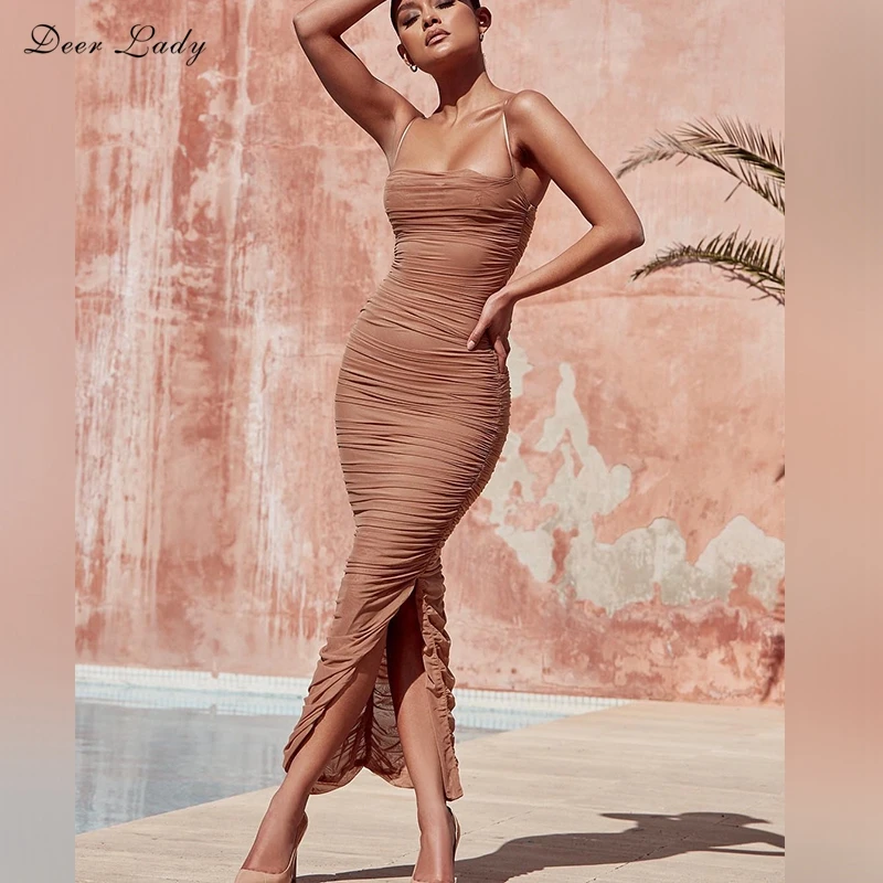 Billig Deer Dame 2019 Sommer Kleid Frauen Lange Club Elegante Bodycon Maxi Kleid Slit Strap Sexy Mesh Organza Kleid Braun Für party Nacht