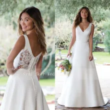 Белое свадебное платье атласное платье с v-образным вырезом с иллюзией кружева сзади трапециевидные Свадебные платья на заказ со шлейфом