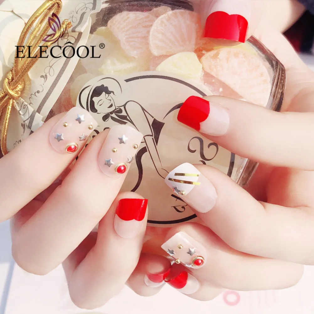 

ELECOOL 24pcs Red Short Star Fake Nails Nail Tips Nail Art False Nails Tips Patch Acrylic Faux Ongles Couleur Glue on False