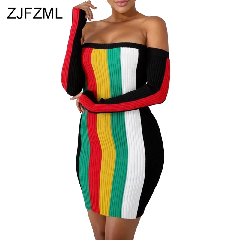 

Rainbow Stripe Sexy Bodycon Dress For Women Slash Neck Long Sleeve Ribbed Bandage Dress Autumn Off Shoulder Backless Mini Dress