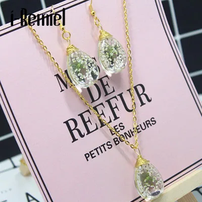

2017 Jewelry Sets Small Fresh Lace Flower Necklace Dry Flowers Eternal Full Of Stars Jewelry Water Droplets Glass Earrings Suit