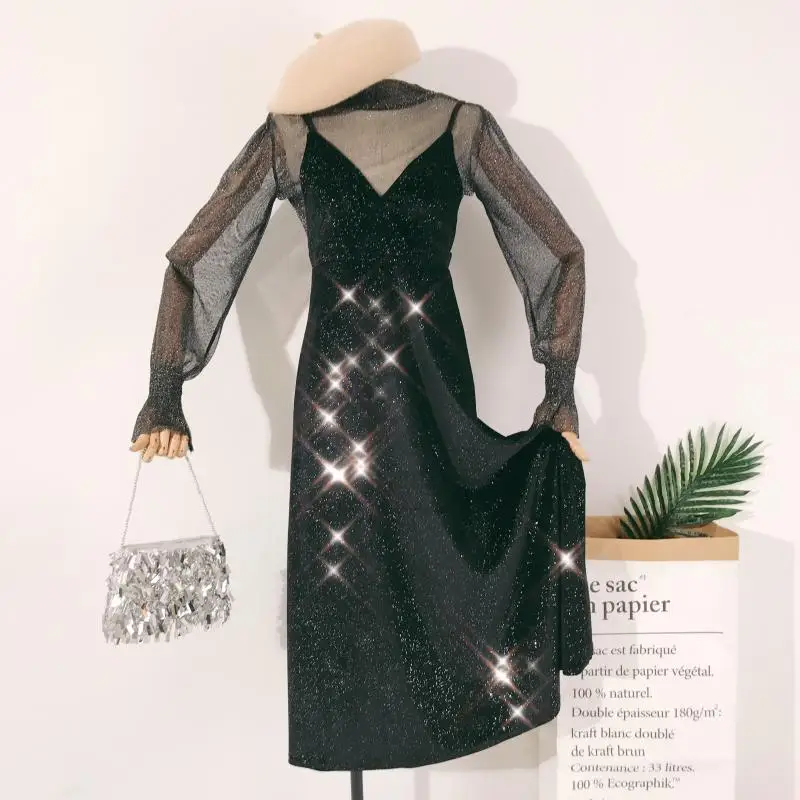 

2019 new fashion women's dresses sexy V-neck velvet high waist dress + bottoming shirt top two-piece dress women