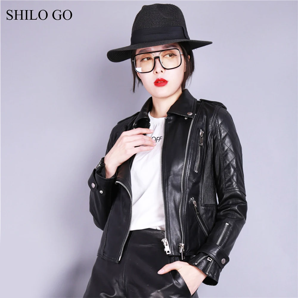SHILO GO Leather Jacket Womens Spring Fashion sheepskin genuine leather Coat rivet button lapel collar Casual zipper locomotive
