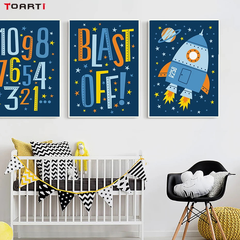 Cartoon Boy's Space Rocket A4 Canvas Art Painting (1)