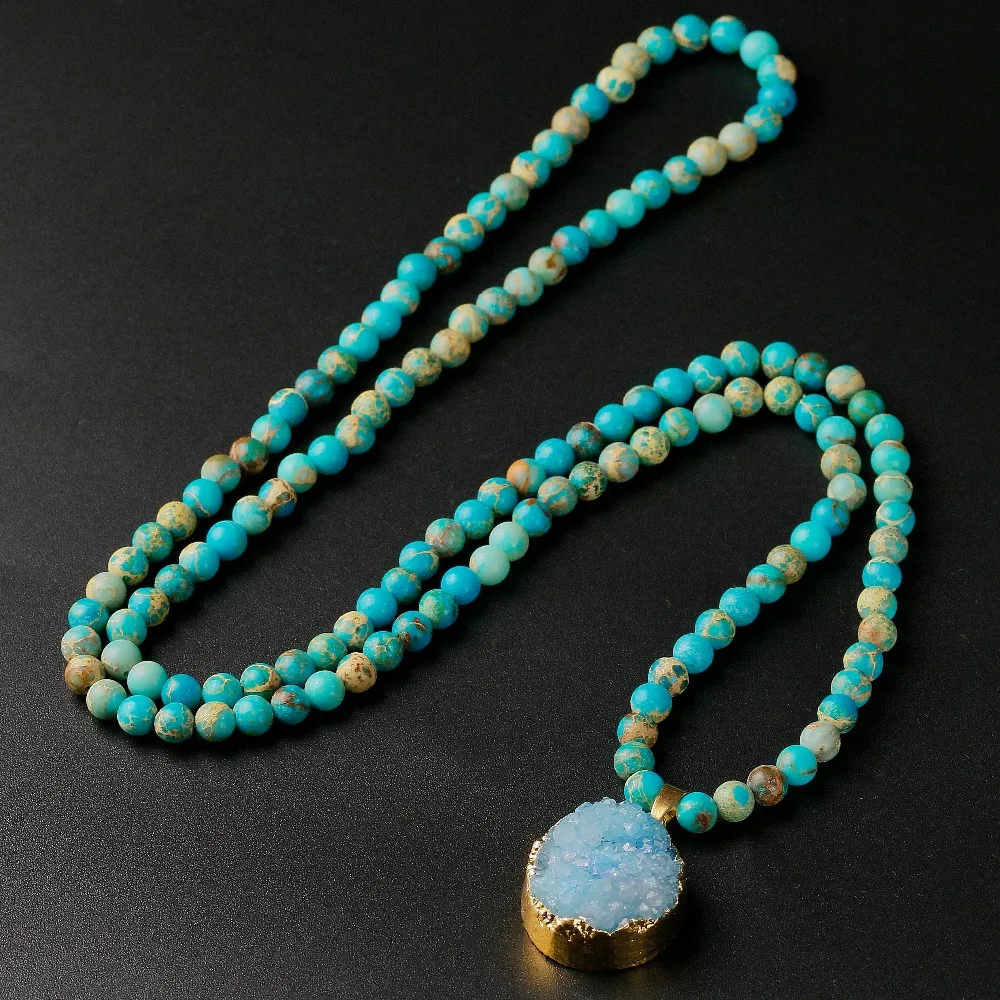 Natural Sea sediments 6MM Beads Imperial Stone With Druzy Pendent Charm Necklace For Women Men Unisex Jewelry Lover’s Gift