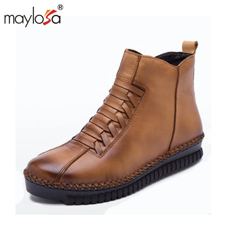 

MAYLOSA fashion women winter Genuine Leather Boots warm Vintage Style Flat Booties Soft Cowhide woman snow boots Ankle Boots