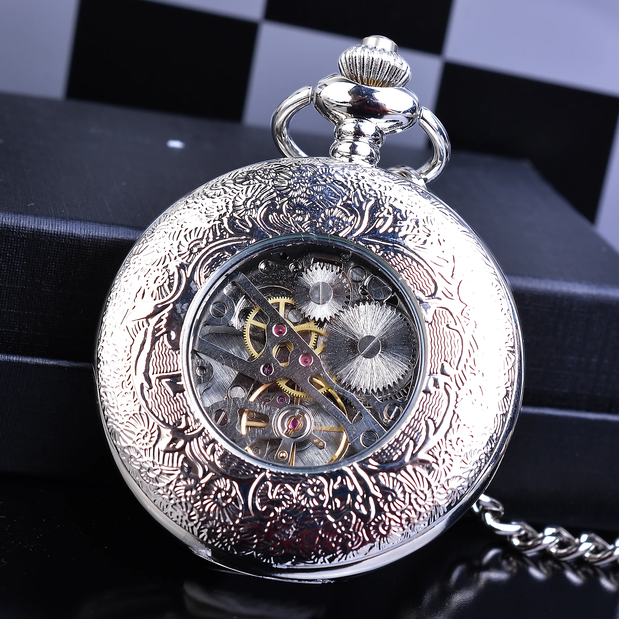 Classic Silver Pocket Watch Men Fob Watches Clock Roman Number Hunter Hand Wind Mechanical Relogio De 4