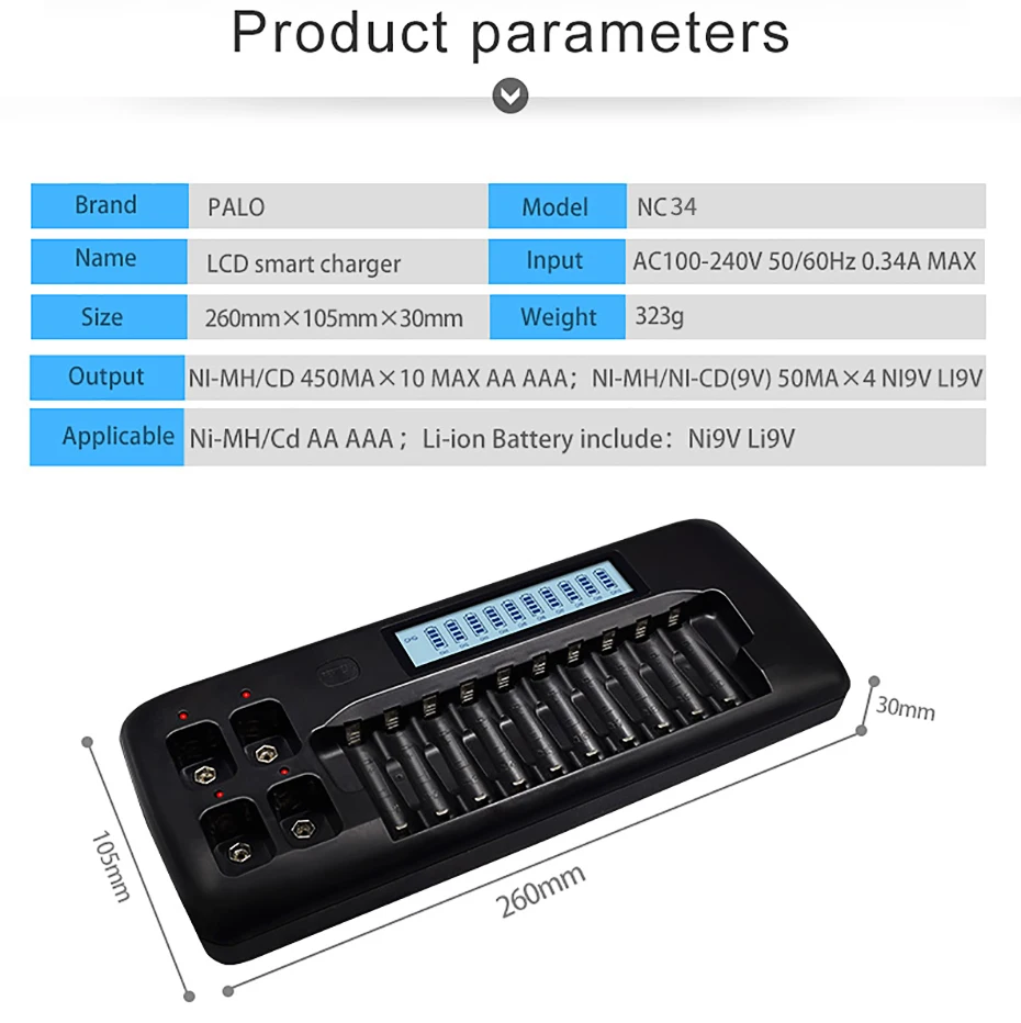 Palo 14 слотов ЖК-дисплей смарт-зарядное устройство для 1,2 в AA/AAA Ni-MH Ni-Cd аккумуляторная батарея 9 в Ni-MH Ni-Cd литий-ионный аккумулятор