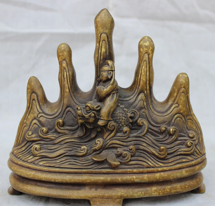 

song voge gem S5172 Chinese Pure Bronze God Man Ride Dragon Fish Hill Penholder Brush Rack Statue