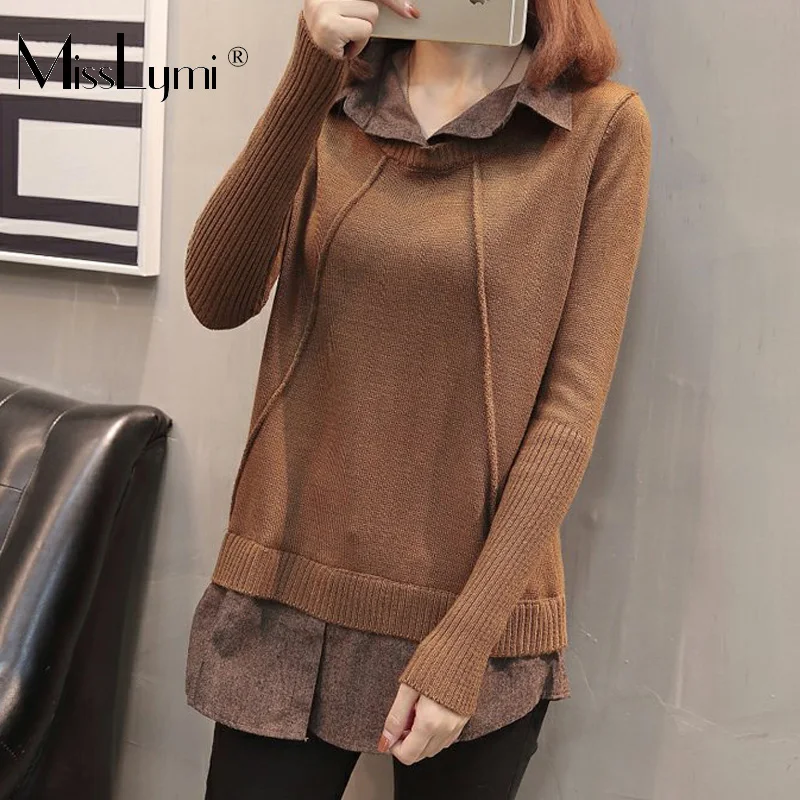 

XL-XXXL Plus Size Knitted Sweater Women Clothes Autumn Winter 2019 Long Sleeve Patchwork Shirts Loose Casual Knitwear Tops