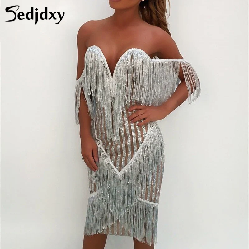 

Tassel Sequin Off Shoulder Sexy Dress Women Summer Strapless Backless V Neck Summer Dress Sequin Club Party Dresses Vestidos