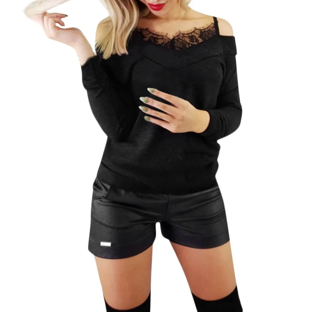

Fashion Women Loose Long Sleeve Off Shoulder Lace Patchwork T Shirt Top t shirt women Spring women's 2019