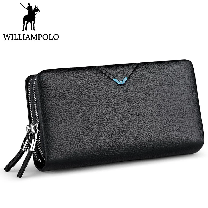 

WILLIAMPOLO Men's Clutch Bag Clutch Wallet Genuine Leather Flap Handbag Zipper Hand Strap Clutches Man Purse Cowhide Luxury Gift