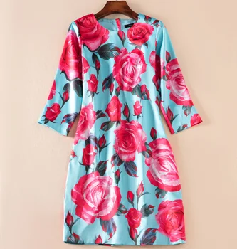 

Vintage Flower Print Women Dress Elegant O-Neck Half Sleeve Work Dresses