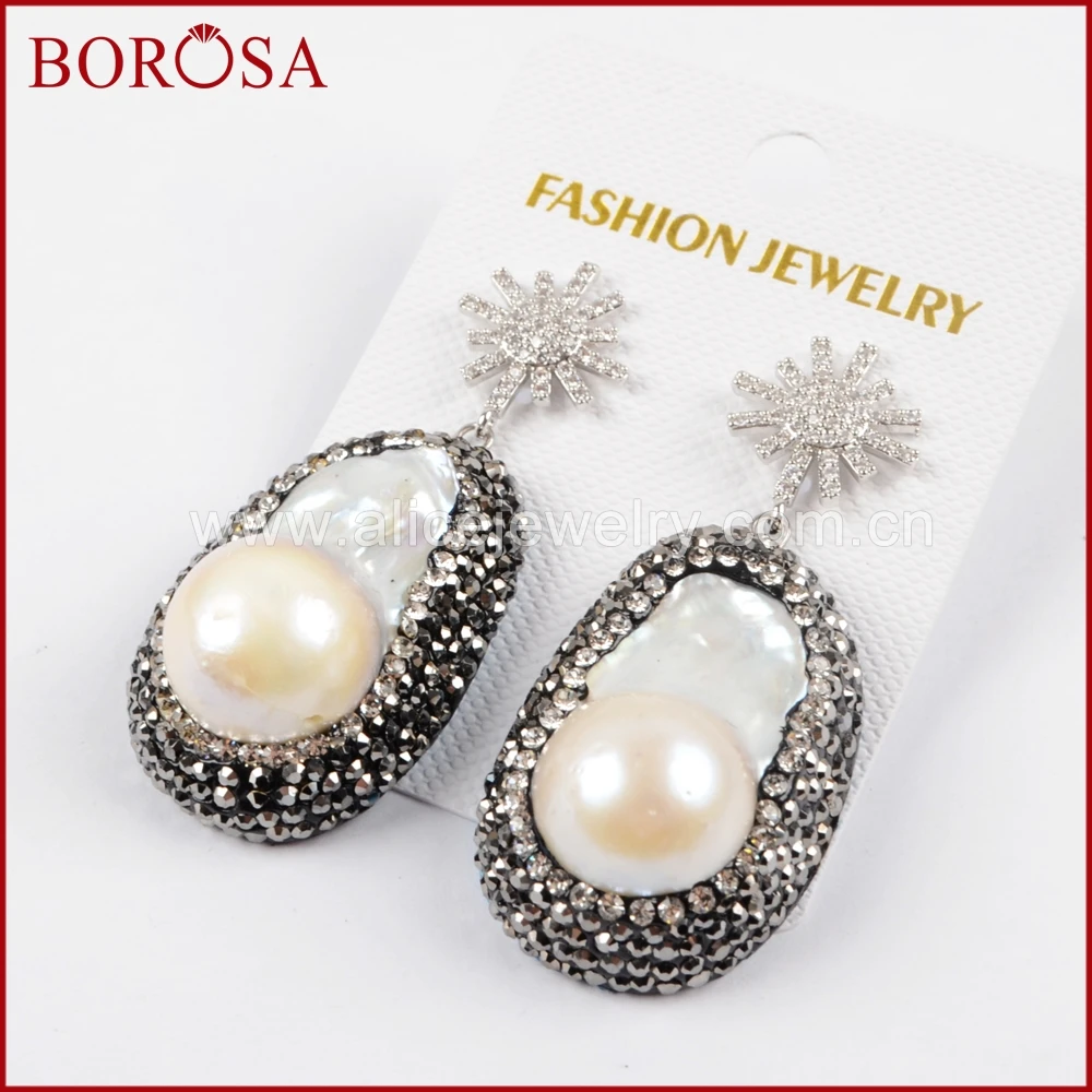 BOROSA ручной природных Серьги с жемчугом CZ микро проложить и Кристалл Rhinestone Freeform
