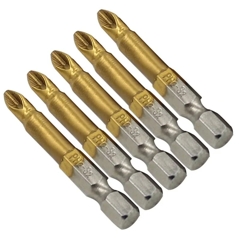 

High-quality 5pcs Titanium Coated PH2 Anti Slip Bits Electric Screwdriver Bits 1/4" Hex Shank For Repair Work 50mm