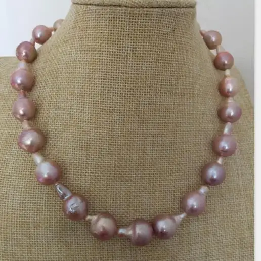

huge13-14mm south sea baroque purple pearl necklace 18inch 925silver
