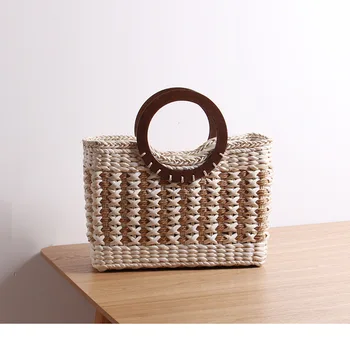 

Large Capacity Corn Husk Straw Bag Handmade Wooden Ring Top-handle Beach Bag Weave Handbags Ladies Tote Straw Bag Feminina Bolso