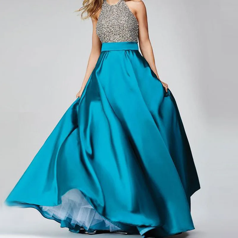 High Waist Satin Long Skirt Turquoise 