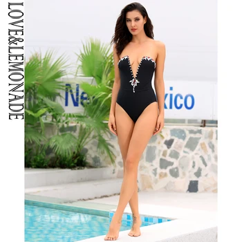 

LOVE & LEMONADE Black Deep V Neck Color Custom Beach SWINSUIT LM1182