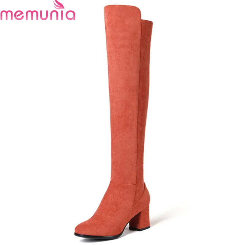 

MEMUNIA 2018 newest fashion style thigh high boots cow suede leather zipper square high heels boots autumn winter female shoes