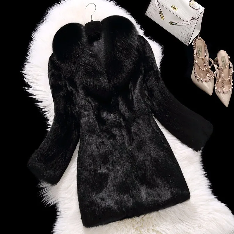 Натуральное меховое пальто из кроличьего меха с воротником из лисьего меха, Женская длинная Меховая куртка из лисьего меха,, F80 - Цвет: black