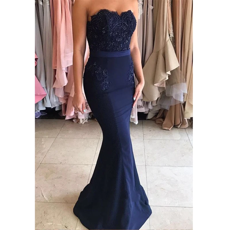 Navy Blue Long Prom Dress, Strapless Mermaid Appliques, Long Prom Dress, 2017 Prom Dress, Navy Blue Prom Dress, Mermaid Prom Dress, Woman Evening Dress