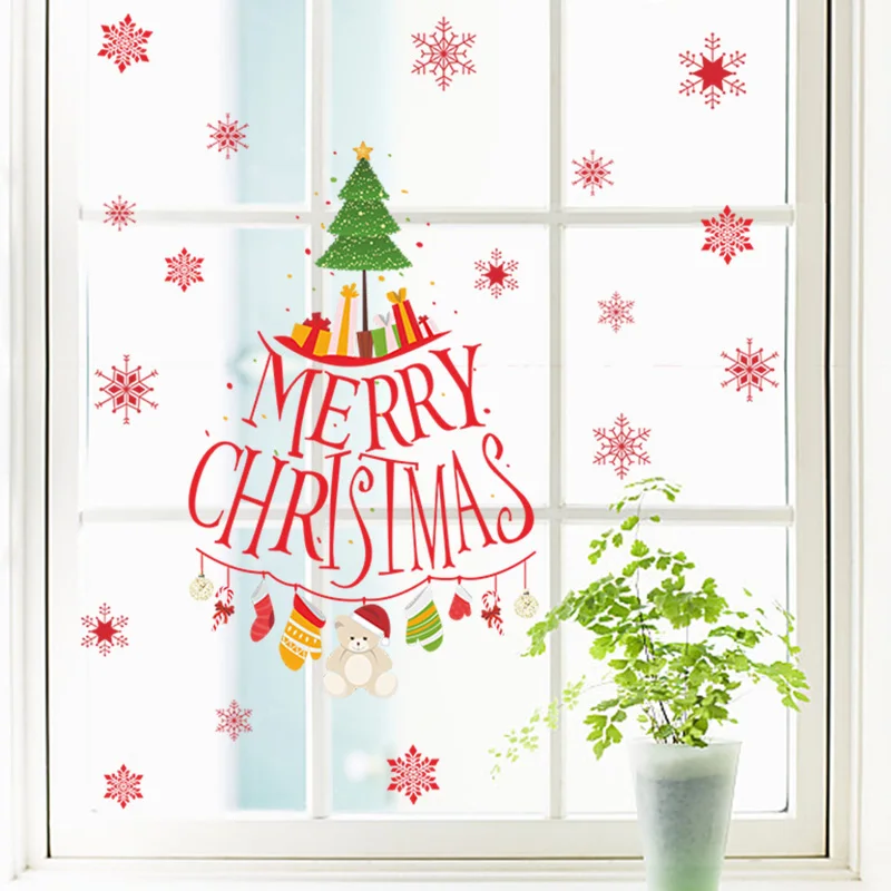 

Merry Christmas Tree Snowflake Gift Wall Stickers For Kids Rooms Shop Store Window Decor New Year Wall Decals Posters Mural Art