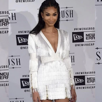 

New Fashion Women Sexy V Neck Long Sleeve Autumn Dress 2018 Elegant Tassel Bodycon Solid Mini Celebrity Evening Party Vestidos
