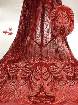 

New arrival african velvet sequince lace fabrics high quality red tulle lace fabric for party dress