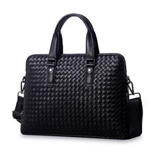 Fashion luxury brand hand-woven soft surface business Men laptop handbags cross section square Genuine Leather shoulder bags