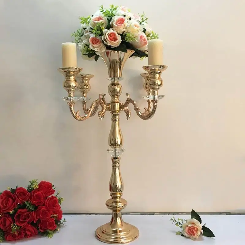 PEANDIM Gold 5 Heads Candelabra Flower Vase Holder Votive Candle Holder Wedding Table Centerpieces Flower Rack For Home Decor