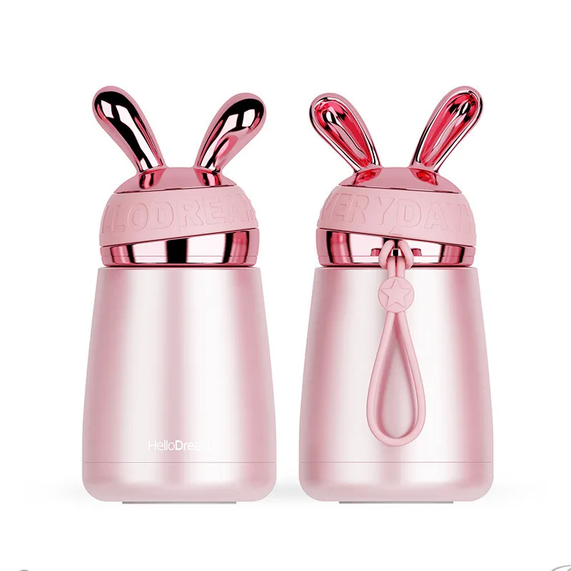 300 мл Термос-кружка из нержавеющей стали с вакуумной изоляцией кролика для девочек, Женская термо-и офисная чашка, маленькая в переносную сумку, милые наушники - Цвет: Розовый
