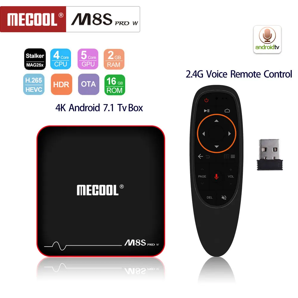 MECOOL M8S PRO W голос Управление Android 7,1 ТВ Box Amlogic S905W Процессор Smart ТВ коробке 2 ГБ 16 ГБ 4 К H.265 2,4 ГГц Wi-Fi Декодер каналов кабельного телевидения