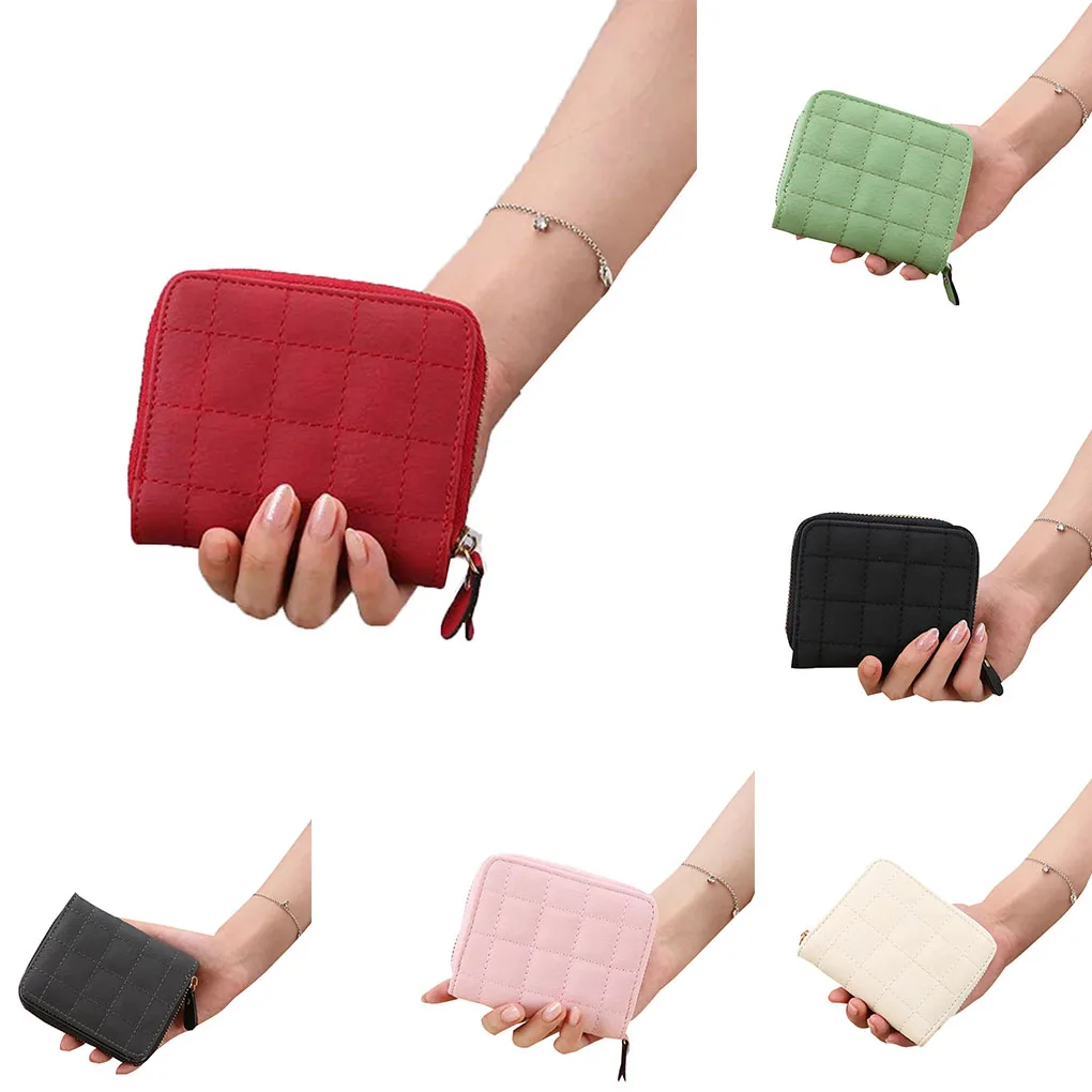 

Girls Short Grid Wallet Women Solid Color Square Zipper Wallet Coin Purse Cards Holders Handbag