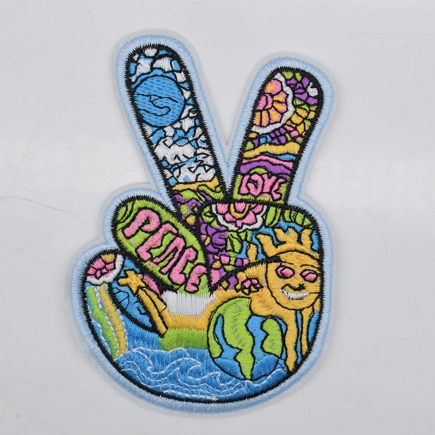 Знак V Победная рука Hippie Peace& Love Symbol Луна и солнце Радуга Рок Панк Ретро пришить Аппликация Железо на патч Байкерская нашивка на жилет