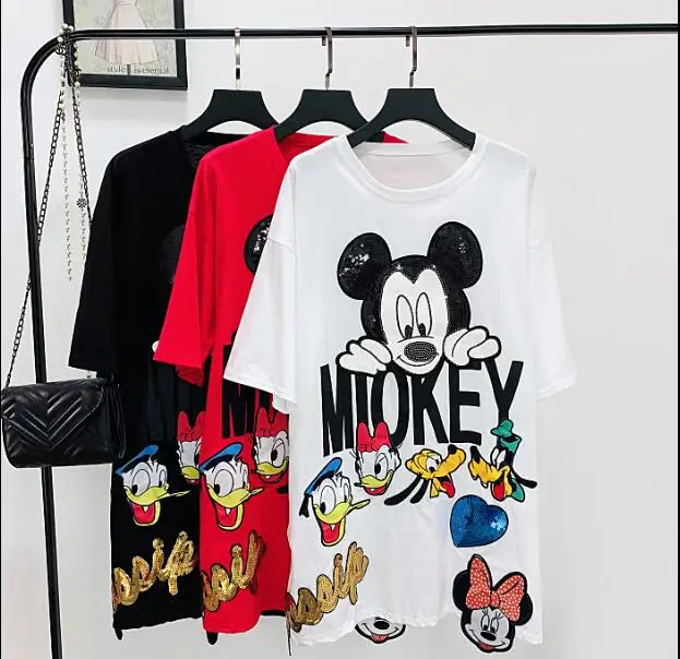 Korean Trendy Girl Student Cute Cartoon T-Shirt 3 Colors Letter Printed Sequins Short Sleeve Plus Size Loose Long Pullovers | Женская