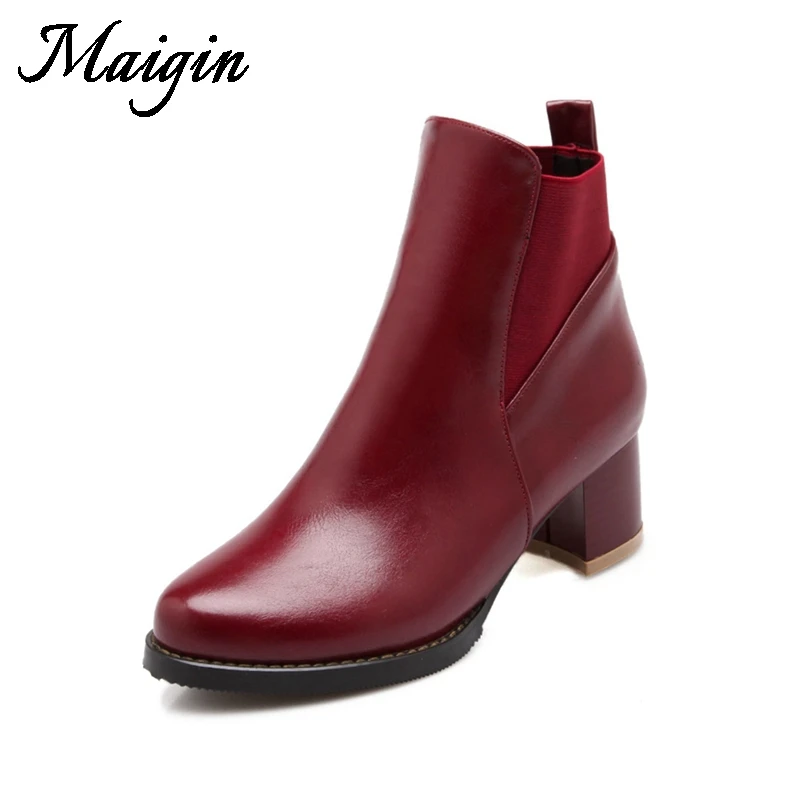 Maigin 2018 New Winter Ankle Boots Women Square High Heels Short Martin Boots Pointed Toe Comfortable Ladies Casual Shoes