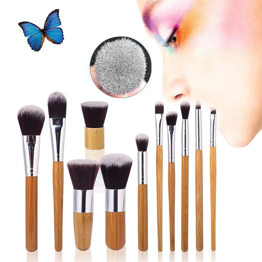 

Pro 11Pcs Set Makeup Brushes Cosmetics Tools Bamboo Handle Eyeshadow Lipsticks Kabuki Face Foundation Brush Blush Brush Kits