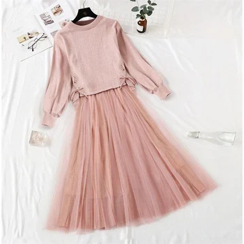 

2019 New Spring Autumn Women Two-piece Dress Set Casual Long Sleeve Pullover Knit Sweater + Bright Silk Sling Gauze Dress YF267