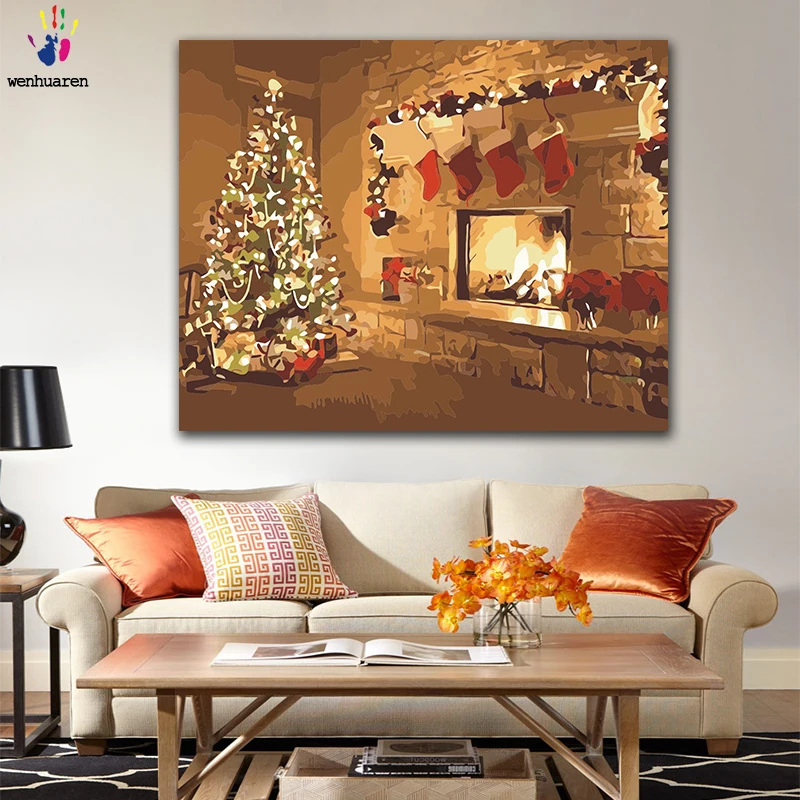 

DIY Coloring paint by numbers Christmas tree in front of the fireplace figure paintings by numbers with kits 40x50 framed