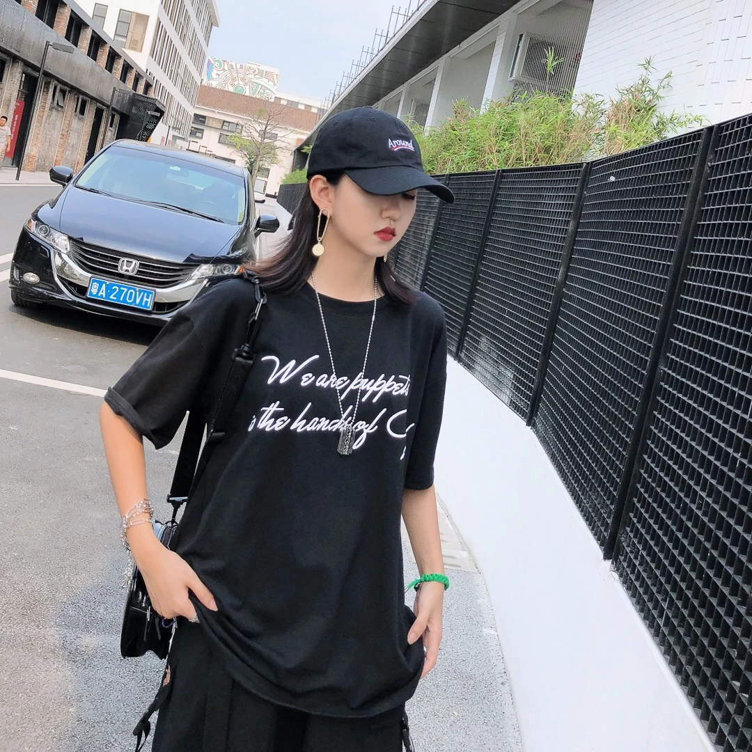 Harajuku уличный стиль печати с пятью рукавами свободные Overize футболки модные студенческие футболки