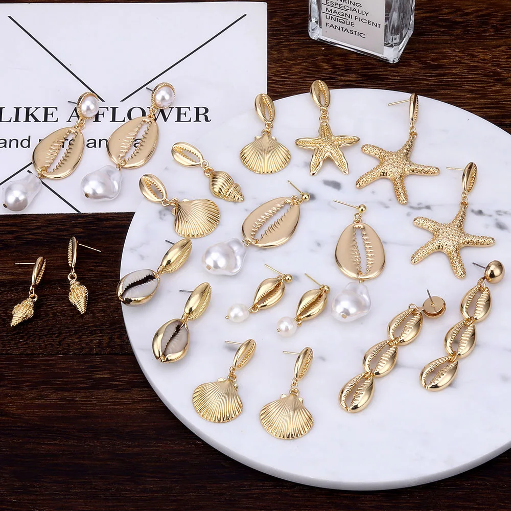 

Korea Fashion Shell Earrings For Women Gold Geometric Irregular Freshwater Pearl Statement Earrings 2019 Summer Beach Jewelry