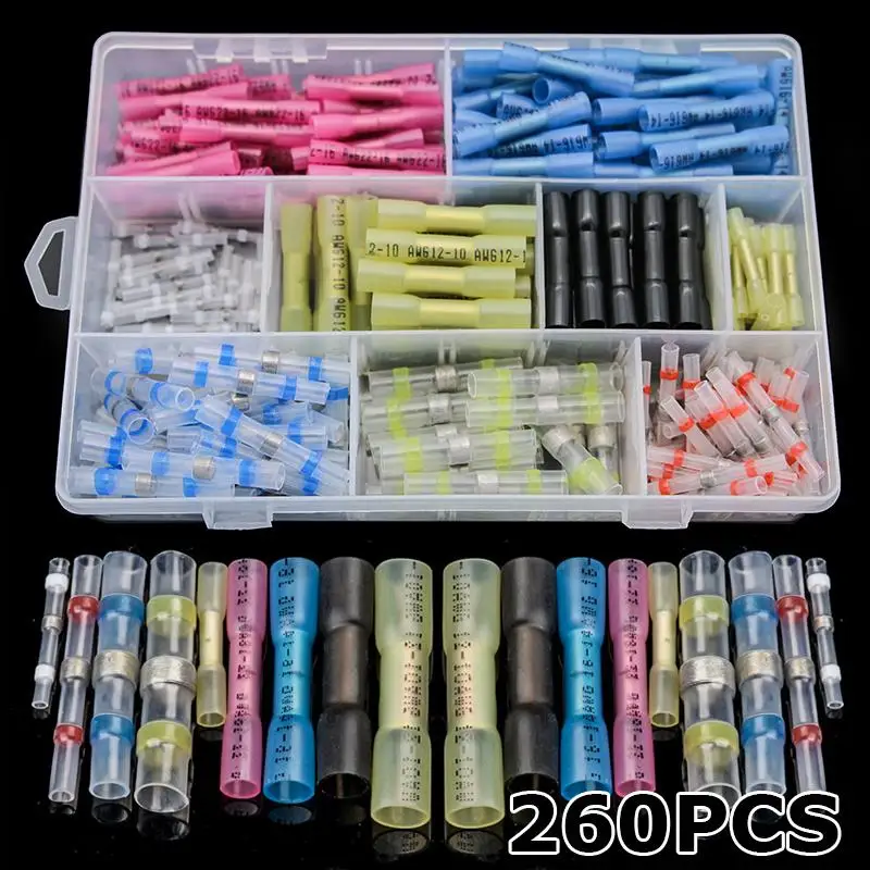 

260PCS Waterproof Insulated Heat Shrink Butt Wire Connector Crimp Terminals Soldered Sleeve Splice Terminal connectors set