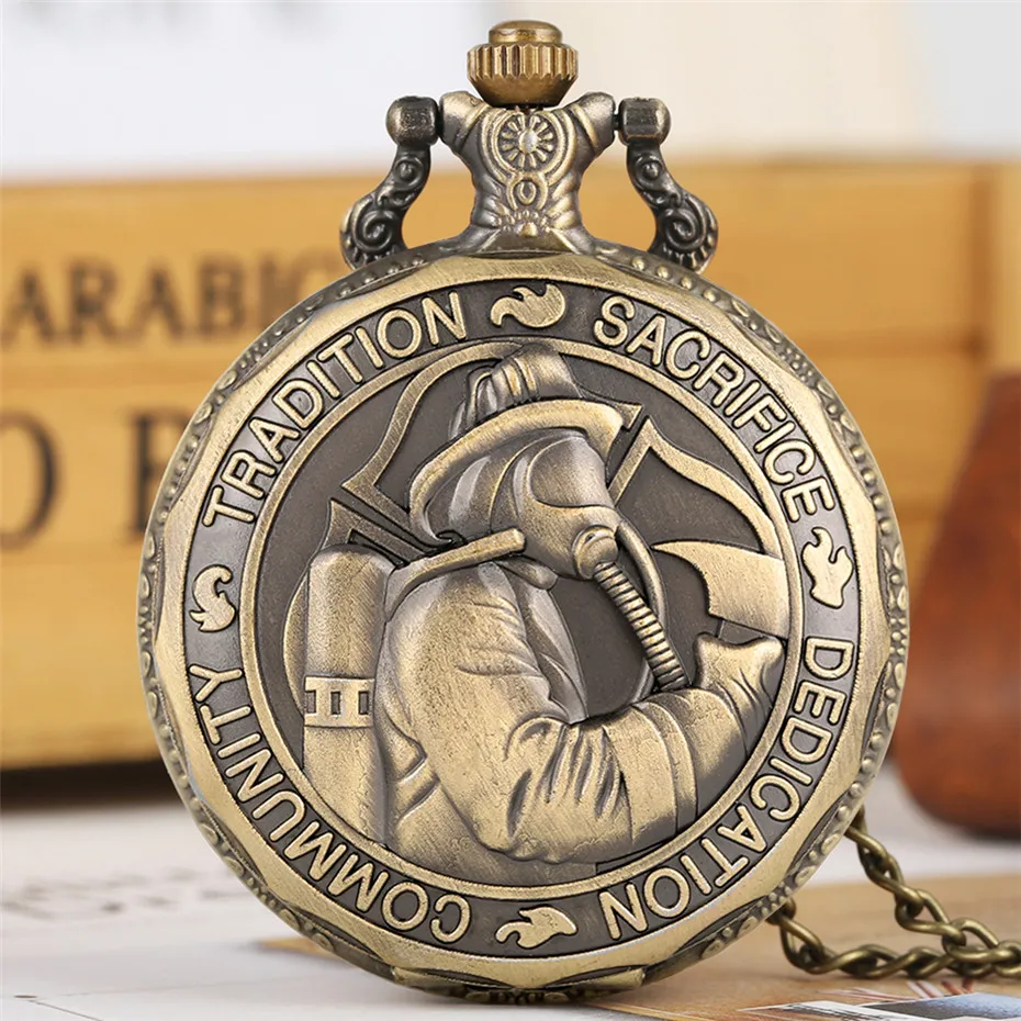 Bronzo Fire Fighter Display orologio da tasca al quarzo catena Fob squisito Design in rilievo collana pendente Steampunk Souvenir Clock