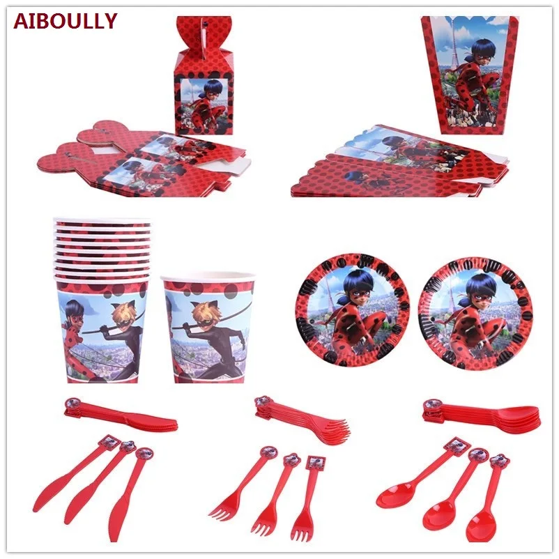 

Birthday Party Supplies 92pcs For 6 kids Miraculous Ladybug Comic Lady Theme Decorate Dishes And Cup and Flag Paper Party Tools