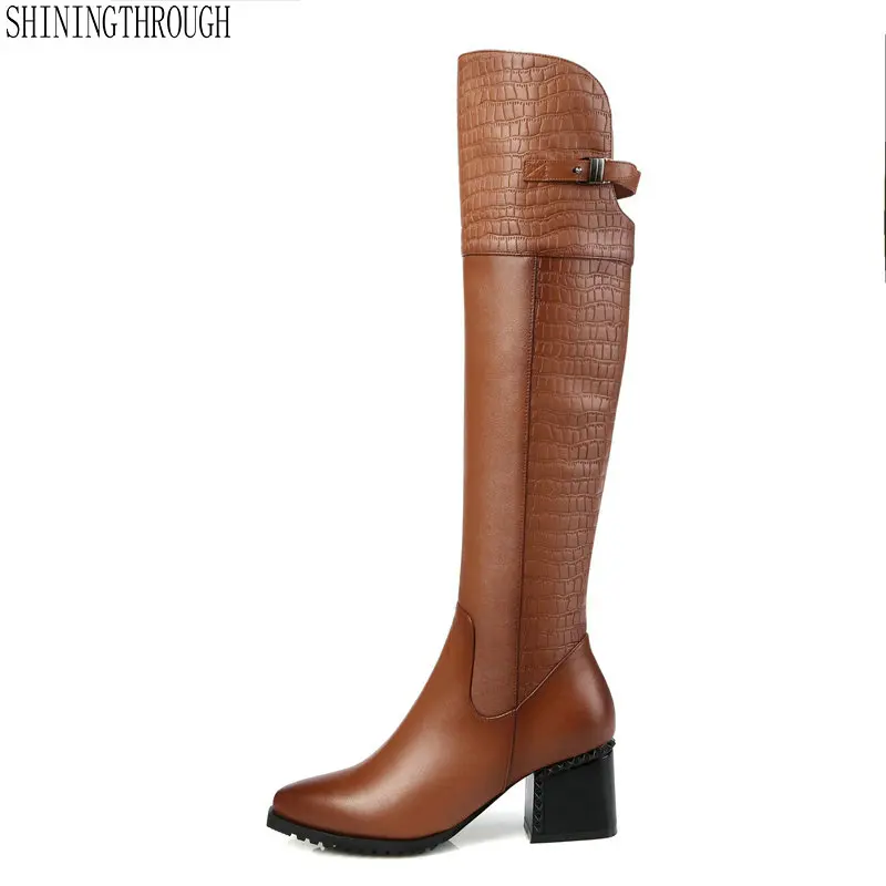 2018 New Genuine Leather Womens Knee High Equestrian Riding Boots Buckle Pointed Toe Long Boots Chunky Heel Winter Shoes цена 2018 New Genuine Leather Womens Knee High Equestrian Riding Boots Buckle Pointed Toe Long Boots Chunky Heel Winter Shoes цены онлайн