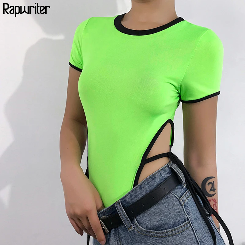 

Rapwriter Skinny Panelled Lace Up Hollow Out Waist Neon Top Green Women 2019 Summer O-Neck Short Sleeve Sexy One Piece Bodysuit