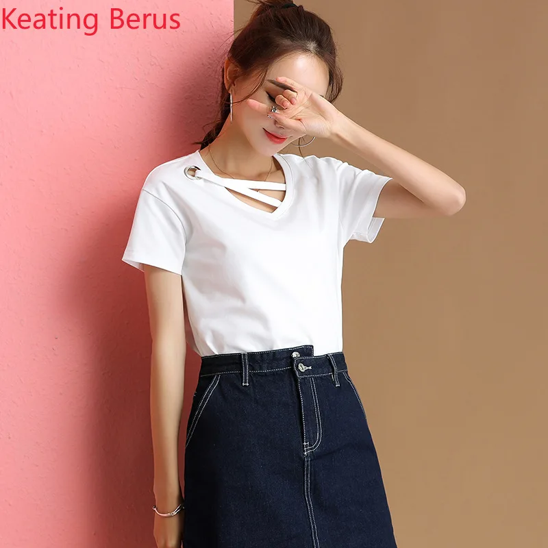 

2019 Women's Summer Short-sleeved Cotton T-shirt Korean Version Loose 9 Colors V-neck Women's Tops Cool Women's Clothing 1197