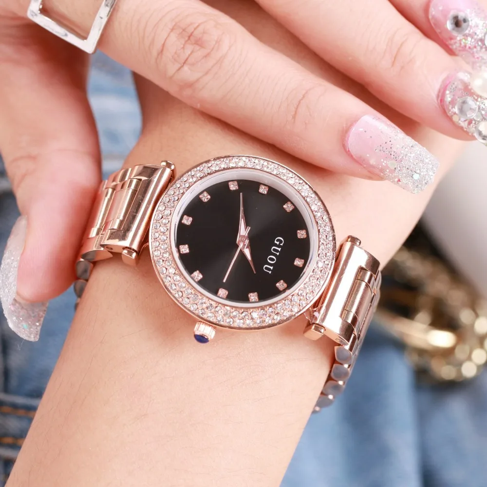 

Diamond Ladies Watch Hongkong GUOU Brand rose Gold Steel Watch Crystal Rhinestone Quartz Women Watch Clock kobiet zegarka